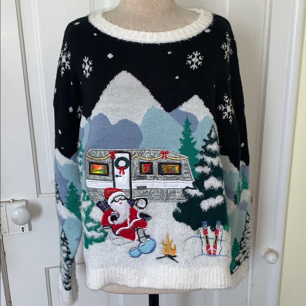 Ugly Christmas Sweater Blizzard Bay Mountain RV Camping Santa Knit Pullover L